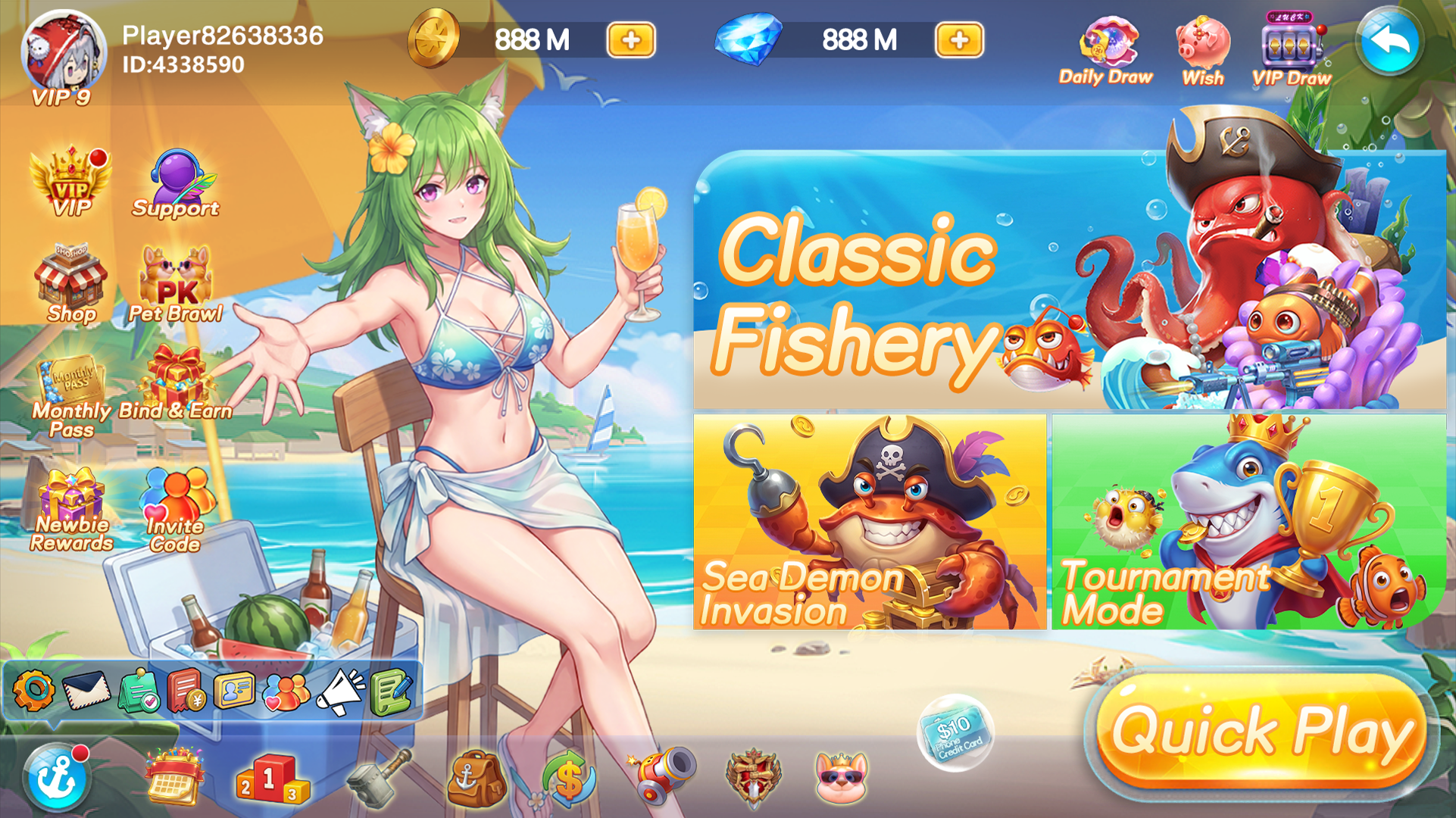 Fishing Master game lobby showing Classic Fishery, Sea Demon Invasion, and Tournament Mode